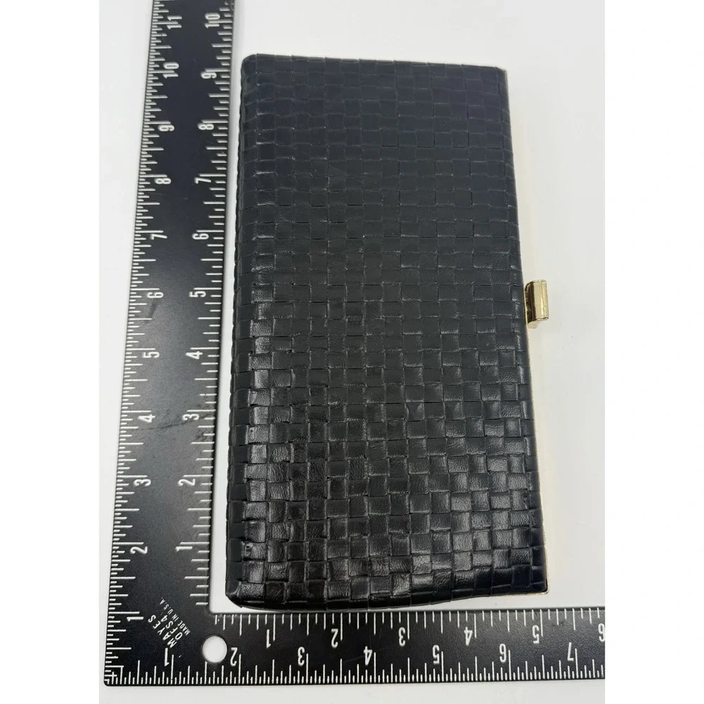 Vintage Shirl Miller Ltd Black Woven Leather Clutch Purse Gold Frame Made in USA